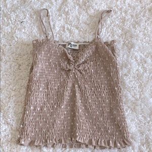Ruched spaghetti strap tank.